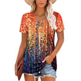 Womens T Shirt Criss Cross Lace-Up Neck Summer Tunic Tops Rainbow Shirt S