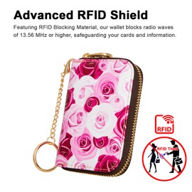 Kaabao Credit Card Holder, RFID Blocking Wallet for Women Small Slim Leather Wallets with Keychain Zipper Business Cards Case (Pink Romantic Rose)