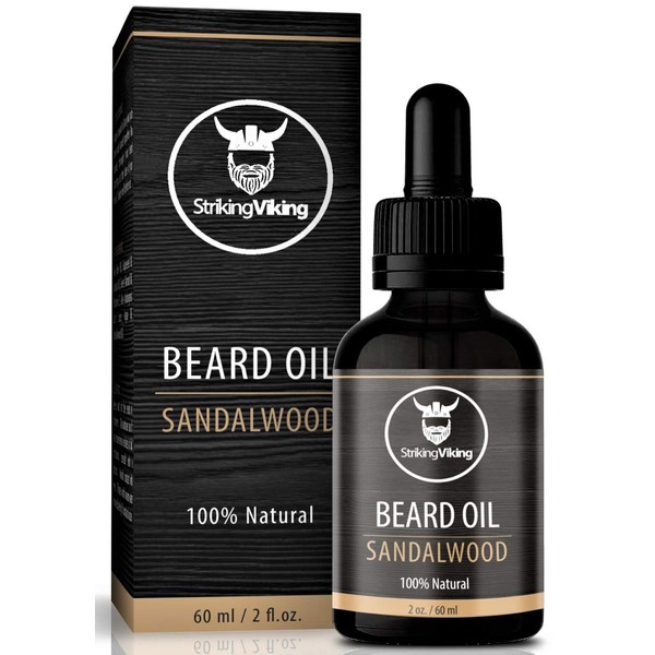 Sandalwood Beard Oil (Large 2 oz) - 100% Natural Beard Conditioner with Organic Tea Tree, Argan and Jojoba Oil with Sandal Wood Scent - Softens, Smooths, and Strengthens Beard Growth by Striking Viking