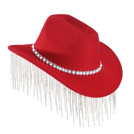 Womens Rhinestone Hat Cowboy Hat Cowgirl Wide Brim Diamond-Glitter Western Hat for Women with Tassel