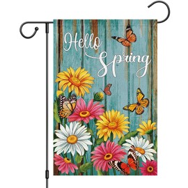 Heyfibro Hello Spring Garden Flag Spring Summer Daisy Garden Flags 12 x 18 Inch Burlap Double Sided Vertical Flower Butterfly Welcome Garden Yard Flags for Seasonal Outside Outdoor Decoration (ONLY
