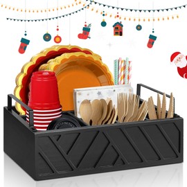 Lzhevsk Black Kitchen Countertop Paper Plate Holder, Wood Paper Plate Dispenser, Utensil Caddy for Kitchen Counter, Rustic Silverware Holder, Organizer for Cups, Spoons, Forks, Napkins, Party