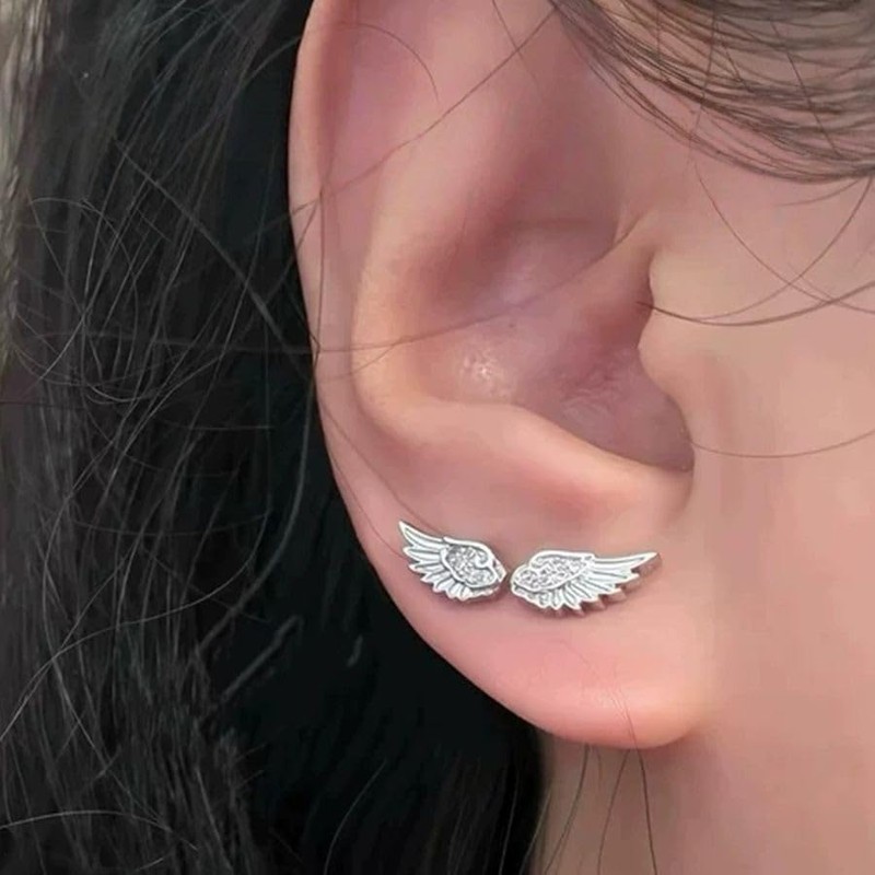 Goth Angle Wing Earrings Silver Stainless Steel Flat Back Earrings