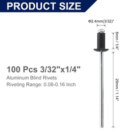uxcell 100Pcs 3/32" x1/4" Aluminum Blind Rivets, Aluminum Grip and Steel Mandrel, Dome Head Long Split Rivets for Metal, Furniture, Automotive, Black