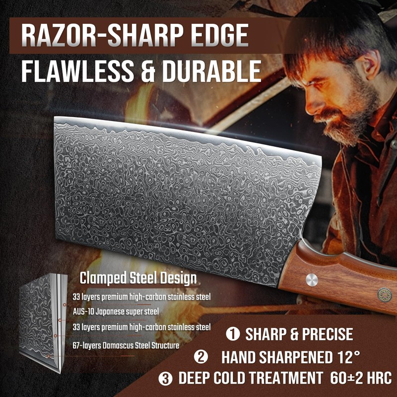 DRAGON RIOT Damascus Cleaver Knife 10 inch, VG10 Damascus Knife