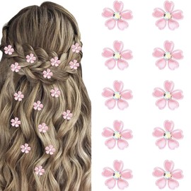 10Pcs Rhinestone Petal Hair Clips, Fashion Tiny Cute Claw Clips for Girls Women, Non-Slip Small Flower Hair Accessories for Wedding Daily Party Birthday (Pink)