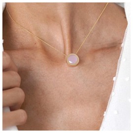 Inilbran Boho Created Gemstone Necklace Rose Quartz Necklace Chain Round Gemstone Pendant Necklace Rose Quartz Stone Collar Necklace for Women(Pink)