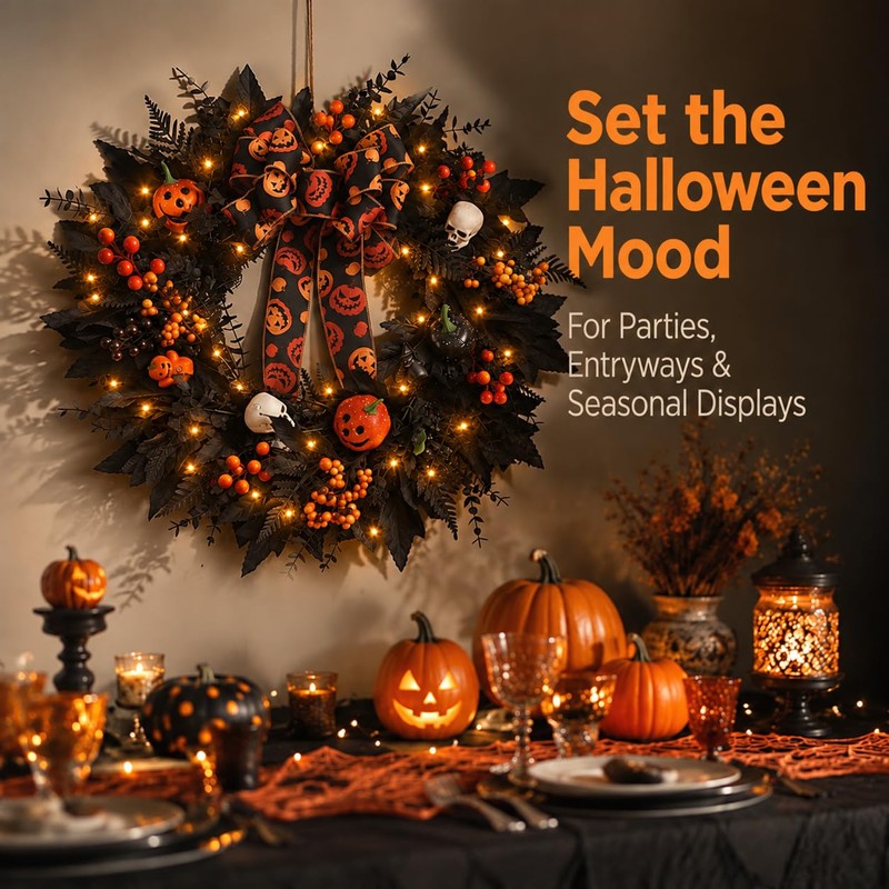 24 in Halloween Wreath for Front Door, Black Skeleton Spider