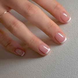 White French Tip Press on Nails Extra Short Square Fake Nails Mirror Acrylic Nails Press ons Nude Glue on Nails Reusable Stick on Nails for Women Girls Daily Wear Manicure 24pcs…