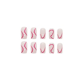 SINHOT Medium Square Press on Nails Squoval French Tip Fake Nails Glossy Glue on Nails Acrylic Nails Red Line False Nails with Designs 24 pcs