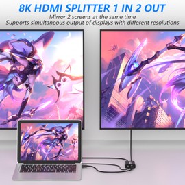 HDMI 2.1 Splitter 8K @ 60Hz, HDMI Splitter 1 in 2 Out 4K @ 120Hz, HDMI Splitter for Dual Monitors HD Copy Identical Display, Support EDID, 48Gbps, HDCP 2.3, VRR, ALLM, HDR, Dolby Vision