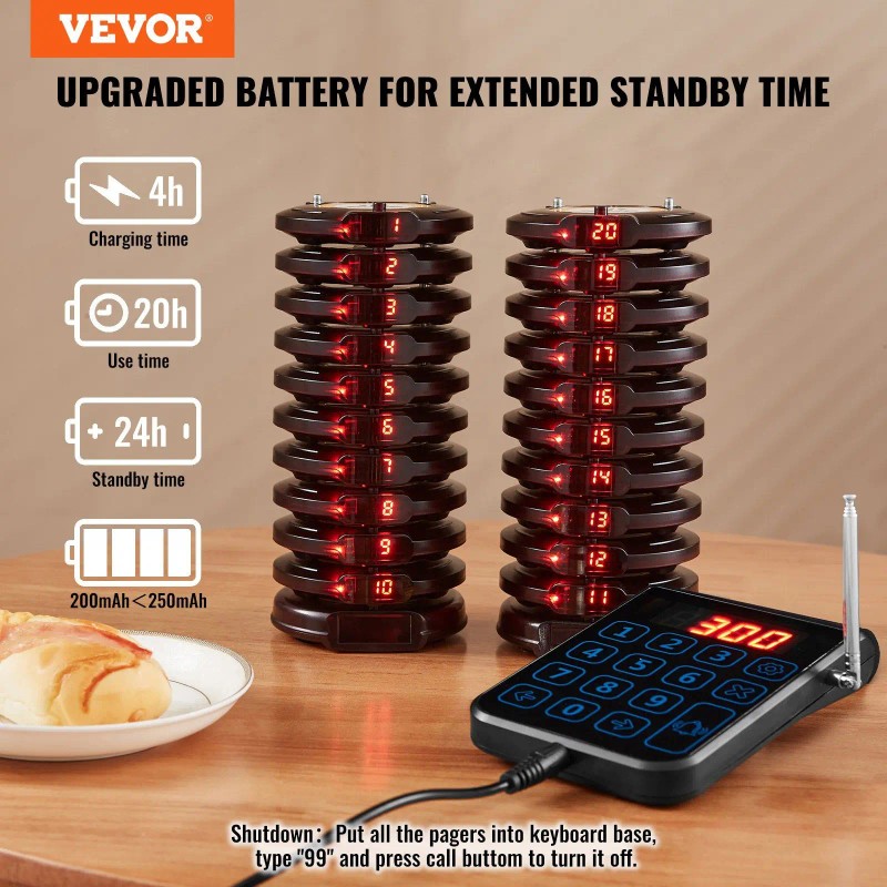 Wireless Restaurant Pager System 20 Beepers Battery Operated Black Plastic