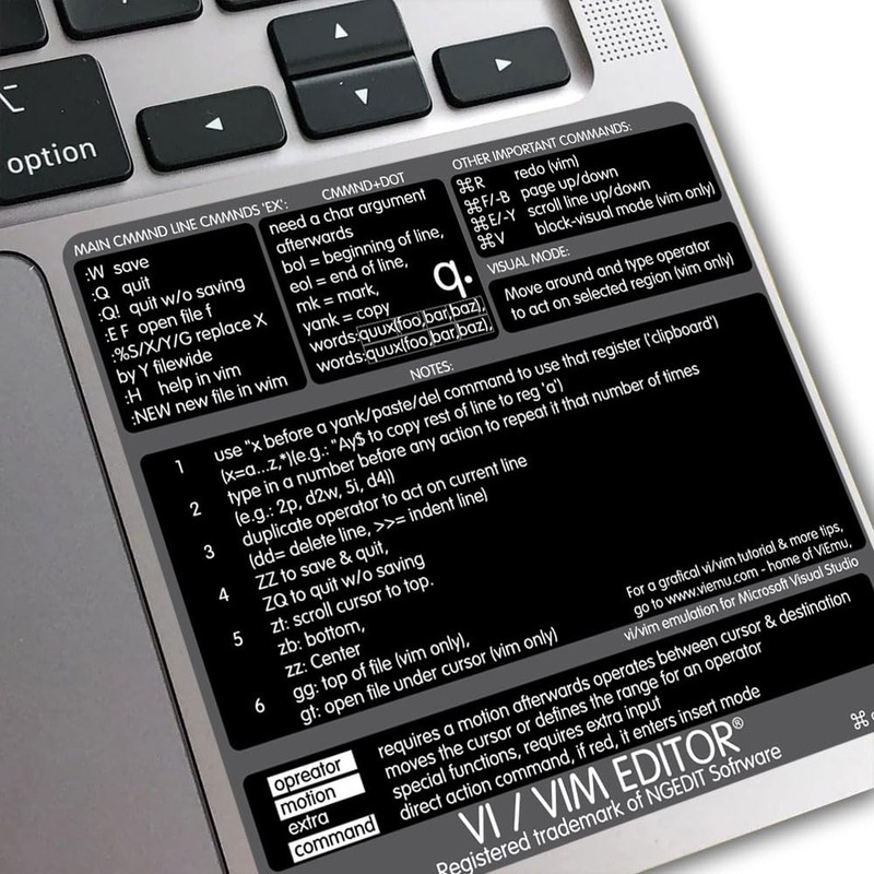 Vi/Vim Reference Keyboard Hotkeys Decals for Mac OS Black, White