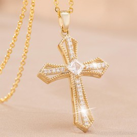 Gold Cross Chain, Cross Chain Necklace for Women, Hypoallergenic 18K Gold-Plated Chain, Fashion Jewellery Gift, for Women, Girlfriend, Mum, Girls, Stainless Steel, No Gemstone