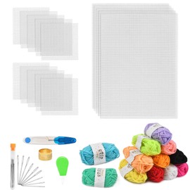 BVOPLME 39Pcs Mesh Plastic Canvas Sheets Kit Including 15 Pieces Clear Plastic Canvas, 12 Color Acrylic Yarn and Embroidery Tools for Embroidery Plastic Canvas Craft Knit Crochet Projects