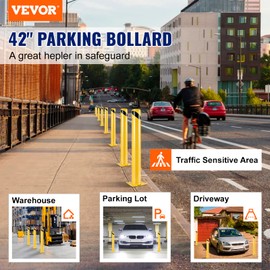 VEVOR Safety Bollard, 42 Inch Height Bollard Post, 4.5 Inch Diameter Steel Pipe Safety Bollard Post, Yellow Steel Bollard, Steel Safety Bollard with 8 Anchor Bolts, Perfect for Traffic-Sensitive Area