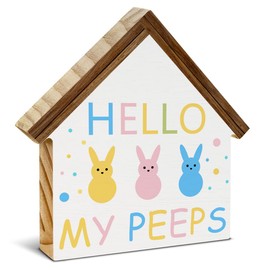 Easter Decorations for Home, Hello My Peeps House Shaped Wood Block Sign, Easter Decor for Desk Table Shelf, Easter Decorations Indoor