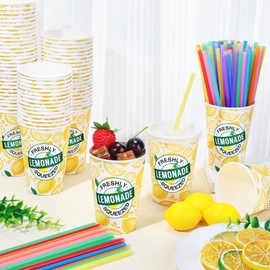 Meanplan 300 Pieces/100 Sets Lemonade Cups with Lids and Straws Disposable Cups for Party Decorative Lemon Paper Cup Lemonade Stand Supplies for Water Juice Kitchen Coffee Birthday Decorations (12 oz)