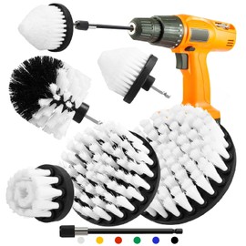 Drill Brush Attachment Set, 5pcs 1/4in Power Scrubber Brush with 1pcs Extend Long Attachment, Drill Scrub Brush for Cleaning Showers, Tubs, Bathroom, Tile, Grout, Carpet (5 brushes white)