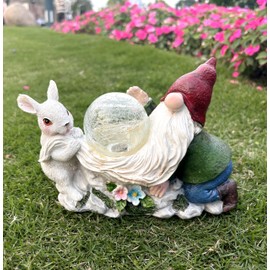 Yaoemei Solar Garden Gnomes, Gnome Garden Outdoor Decoration with Solar Lights, Garden Yard Sculpture Funny Gnome Bunny Decor with LED Magic Orb, Ornament Statue for Patio, Porch, Lawn