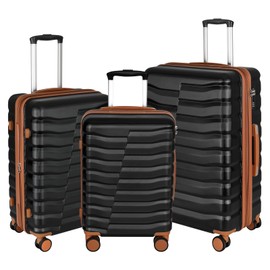 WireHot Lightweight Luggage with Spinner Wheels & YKK Zipper, 3-Piece Suitcase ABS+PC Hardside Hard Shell Luggage Set with TSA Lock, Black & Brown (20+24+28 inch)