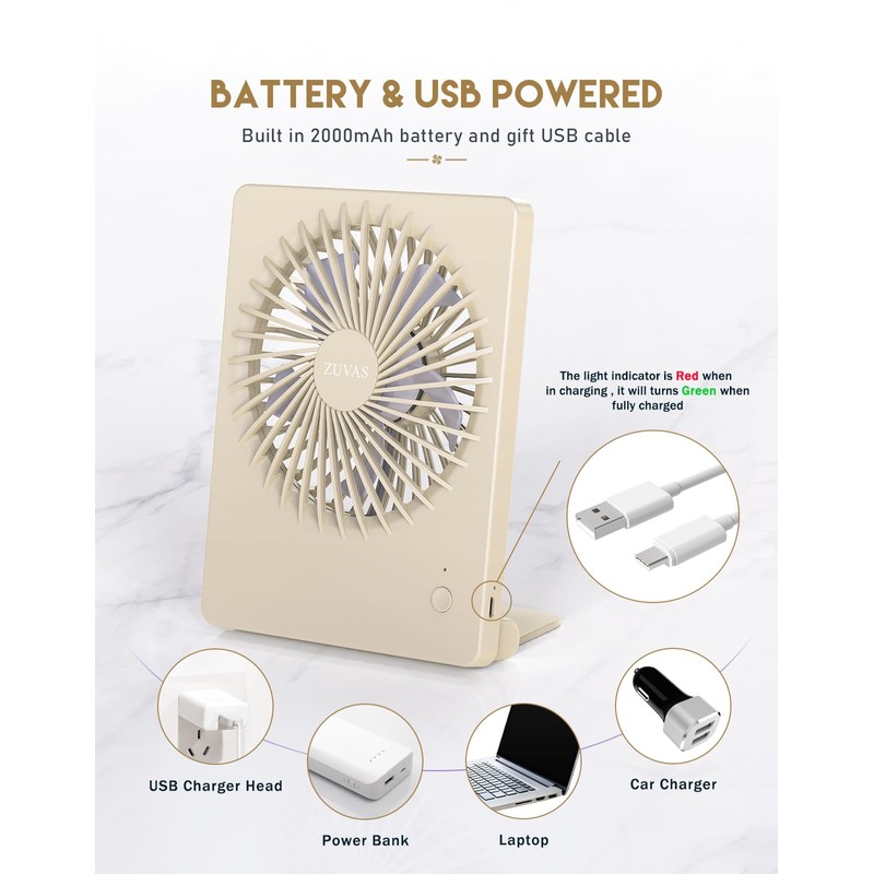 Zuvas Desk Fan Battery Operated Fan Rechargeable 180°Tilt Folding Personal