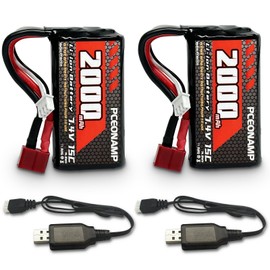 PCEONAMP 7.4V Li-ion Battery 2000mAh 2S with Deans T Plug Rechargeable High Capacity RC Battery Fit for WLtoys 4WD High Speed RC Cars and Most 1/10, 1/12, 1/16 Scale RC Cars Trucks with 2 USB Chargers
