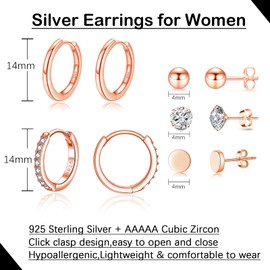 Loutade Silver Hoop Earrings for Women, 5 Pairs 925 Sterling Silver Hoop Earrings & Stud Earrings Set, CZ Small Cartilage Huggie Rose Gold Hoop Earrings Sleeper Rose Gold Stud Earrings for Girls
