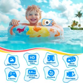 Tosaju Kids Camera Waterproof 48MP 10M Underwater Camera for Kids 1080P 10x Digitalzoom Digital Action Camera with 32GB Card Videocamera Fotocamera Gifts for Boys Girls