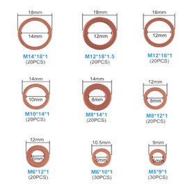 AEDIKO 200pcs Copper Washer Assortment Set Copper Metric Sealing Washers Copper Flat Washer Gasket M5-M14