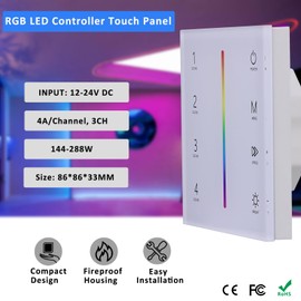 JOYLIT RGB LED Controller 12-24V 3 Channel x 4A/CH, 2.4GHz RF Wireless Wall Touch Panel LED Controller for RGB LED Strips, Colour Changing and Dimming (86 x 86 x 33 mm)