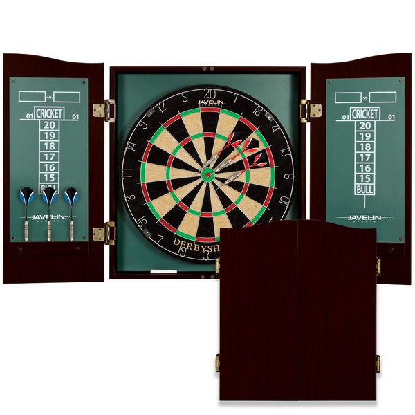 EastPoint Sports Derbyshire Official Size Dart Board Cabinet Set- Easy-Assembly & Complete with 6 Deluxe Steel Tip Darts and Accessories -Premium Darts Set with Scoreboard for Bar Games & Indoor Games