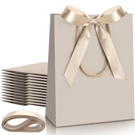 Silkfly 12 Pcs Thank You Gift Bags with Handles 9 x 7 x 3. 15'' Welcome Gift Bags with Bow Ribbon for Wedding Bridal Baby Shower Birthday Housewarming Party(Champagne)