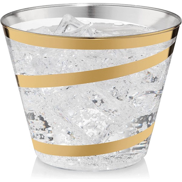Perfect Settings 110 Clear Plastic Cups 9 Ounce- Holiday Wedding Party Elegant Gold Trimmed Disposable Cups - Pack of 110 Fancy Wedding Cups (Gold - Swirl)