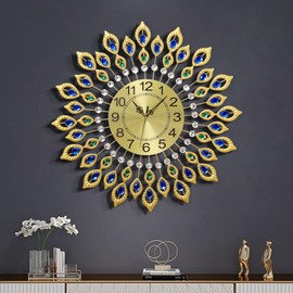JUGV 24.0 Inch Gold Large Wall Clocks for Living Room Decor,Elegant 3D Modern Wall Clock with Dial Arabic Numberals Non-Ticking Silent Big Wall Clocks,Diamond Round Home Decoration Kitchen Clocks