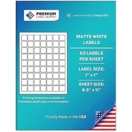 Premium Label Supply White Sticker Square Labels – 1" x 1" – Laser/Inkjet Compatible – (63 per Sheet), 25 Sheets – 1575 Total Adhesive Labels