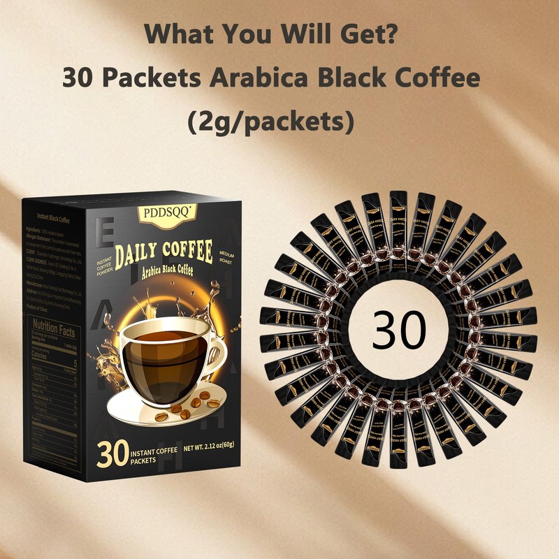 Instant Coffee Packets 30 Count, Medium Roast Arabica Black Coffee