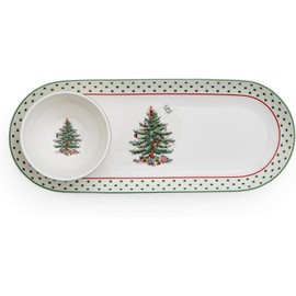 Spode Christmas Tree - 2-Piece Polka Dot Chip and Dip Serving Set | Christmas Serving Dishes for Entertaining | Oval Chips and Dip Serving Dish for Party | Serveware for Entertaining - 13" Plate