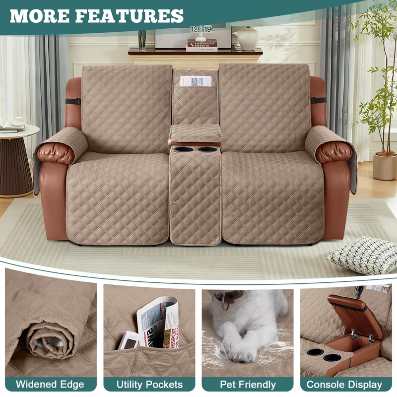 Ruaozz Waterproof Loveseat Recliner Cover with Console Non-Slip Reclining Couch