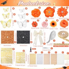 Wavwavw 63 Pcs DIY Graduation Cap Decorations Kit Include Faux Flowers 3D Butterfly Bow Self Adhesive Rhinestones and Alphabet Letter Stickers for 2025 Grad Cap Topper Decor Graduation Party(Orange)
