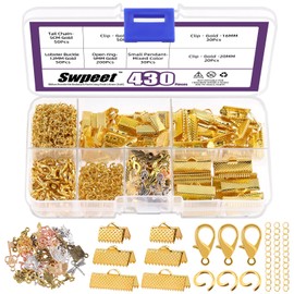 Swpeet 430Pcs Gold Ribbon Bracelet Assortment Kit, Bookmark Pinch Crimp Ends Lobster Clasps with Jump Rings and Chain Extenders for DIY Making Bookmark Pinch Bracelet Choker Necklace