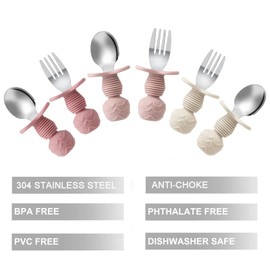 PandaEar 6 Pack Stainless Steel Toddler Spoons and Fork Feeding Set - Anti-Choke First Self Feeding Utensils for Kids Baby Girls Led Weaning Ages 18 Months+ (Pink/Beige)