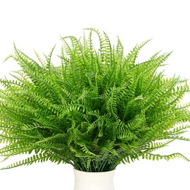Yaqulen 24 Pcs Artificial Outdoor Plants, Fake Boston Fern Plants, UV Resistant Faux Artificial Plants Shrubs Outdoors Plastic Plant Bulk for House Office Garden Indoor Outdoor (24, Green)