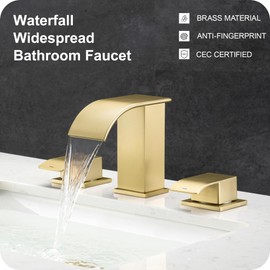 GAGALIFE Waterfall Bathroom Faucets for Sink 3 Hole - Brushed Gold Bathroom Faucet with Pop-up Drain, 8 Inch Widespread Bathroom Sink Faucet 2-Handles, Modern Vanity Faucet with Supply Lines