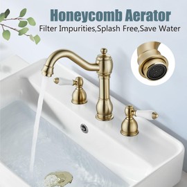 Aolemi Brushed Gold 8 Inch Widespread Bathroom Sink Faucet Double Ceramic Handle 3 Hole Deck Mount Vanity Basin Mixer Tap with Pop Up Drain Assembly