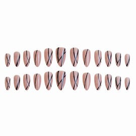 MERVF Almond Press on Nails Medium Fake Nails Pure Nude Glue ons Nail Lines Simple Design Stiletto Acrylic Supplies DIY Manicure Glossy 24pcs