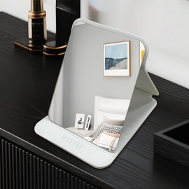 SYHITOU Foldable Travel Makeup Mirror,Adjustable Angle Portable Standing Vanity Mirror, Compact PU Leather Design for Home/Camping/Professional Use, Elegant White(8.4"x6")