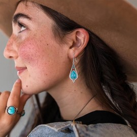 Genuine Turquoise Dangle Earrings for Women, Sterling Silver Vintage Native American Western Jewelry Teardrop Earrings Birthday Gift