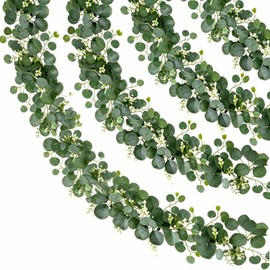 ROLLWAY Pack of 4 Eucalyptus Garland, Artificial Garland Plant 1.8 m Ivy Hanging Green Leaves Decoration with White Flowers Silver Dollar Eucalyptus Vine for Table Arch Wedding Confirmation Christmas