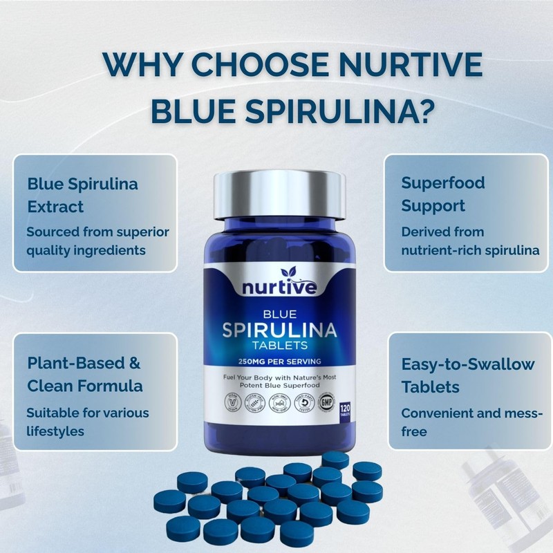 NURTIVE Blue Spirulina Tablets - 250mg per Serving, Phycocyanin Superfood